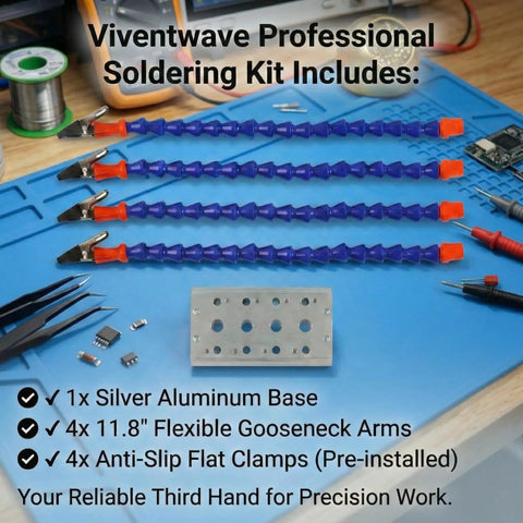 4 Arm 11.8 Inch Gooseneck Helping Hands Pro Grade with 360 Degree Rotatable Anti Slip Flat Clamps for soldering and electronics