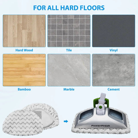 Various floor types showing compatibility with 8 Pack Steam Mop Replacement Pads For Bissell PowerFresh Fits 1940 Series And 2075A