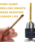Heavy Duty Six Piece Titanium Coated Twist Drill Bit Set For Wood Metal Plastic Drilling Straight Up Killer Edge Fast Cut Spiral Flute Design, close-up of drill in hand.