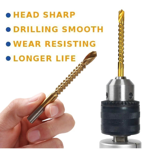Heavy Duty Six Piece Titanium Coated Twist Drill Bit Set For Wood Metal Plastic Drilling Straight Up Killer Edge Fast Cut Spiral Flute Design, close-up of drill in hand.