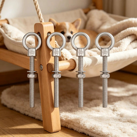 4 Pack 316 Stainless Steel Shoulder Eye Bolts With Nut And Washer Heavy Duty Marine Grade Eyebolts For Lifting And Rigging Outdoors Saltwater Ready For Home Garage Or Workshop Use installed on a wooden pet bed frame