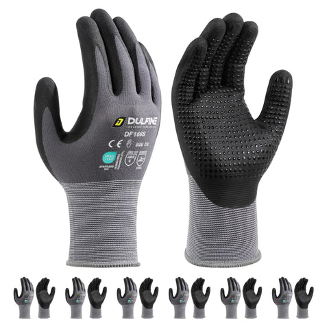 Durable Work Gloves For Men And Women Gray Nylon With MicroFoam Nitrile Coating 6 Pairs Pack Anti Slip Palm Dots
