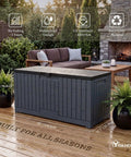 Extra Large 120 Gallon Outdoor Storage Deck Box With No Sweat Hydraulic Lift Lid on patio with plants.