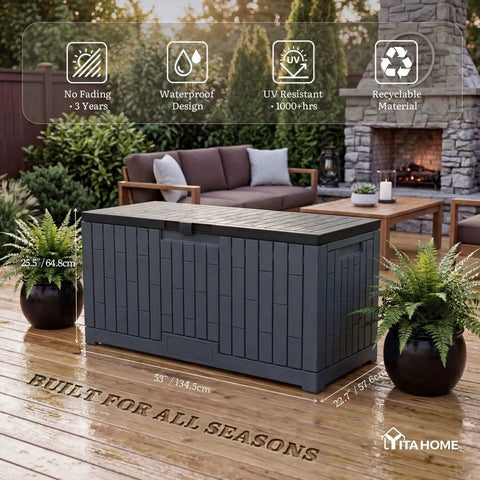 Extra Large 120 Gallon Outdoor Storage Deck Box With No Sweat Hydraulic Lift Lid on patio with plants.