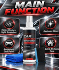 Two Pack Universal Car Scratch Repair Spray Neutralizes Gnarly Surface Scuffs Fast With A Protective Blend That Keeps Your Paint Pristine So Your Ride Stays Crisp Without Color Mixing Hassles on a reflective background with a blue cloth and sponge.
