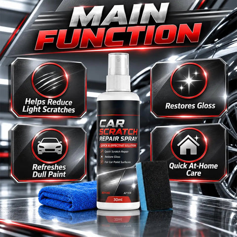 Two Pack Universal Car Scratch Repair Spray Neutralizes Gnarly Surface Scuffs Fast With A Protective Blend That Keeps Your Paint Pristine So Your Ride Stays Crisp Without Color Mixing Hassles on a reflective background with a blue cloth and sponge.