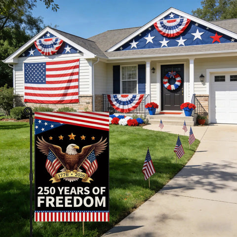 Patriotic Garden Flag Celebrating 250 Years Of Freedom With Eagle Design For Fourth Of July Double Sided Waterproof 12 By 18 Inch USA Flag Banner For Lawn Or Yard Decor displayed in front of a decorated house.