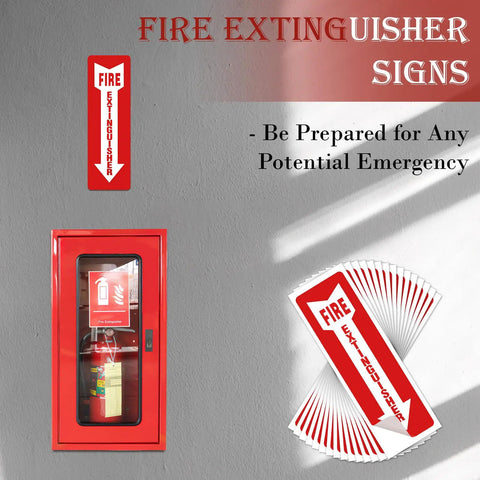 15 Pack Fire Extinguisher Signs 4x12 Inches Easy Peel Self Adhesive Safety Stickers displayed with emergency kit and instructions