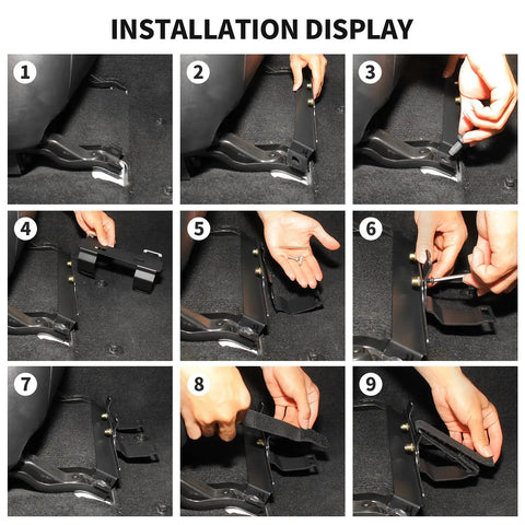 Installation steps of Under Front Seat Fire Extinguisher Bracket Mount For Toyota 4Runner 2010-2025, showing bracket and strap