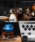 Premium Curved Acoustic Foam Panels 3 Inch Thick Sound Proofing Tiles in home studio, office, and theater settings.
