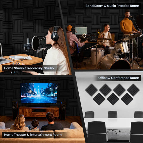 Premium Curved Acoustic Foam Panels 3 Inch Thick Sound Proofing Tiles in home studio, office, and theater settings.