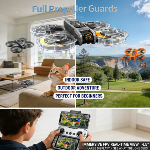 Drone With Built In 4.5 Inch FHD Screen Remote No Phone Needed 2K Dual Cameras 40 Minute Flight Brushless Motors in living room