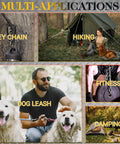 Image showing multi-use applications of the 2.36 Inch Heavy Duty Aluminum D Carabiner Clips And Key Rings Set Of 50 Black Corrosion Resistant Keychains including key chain, hiking, fitness, dog leash, and camping.