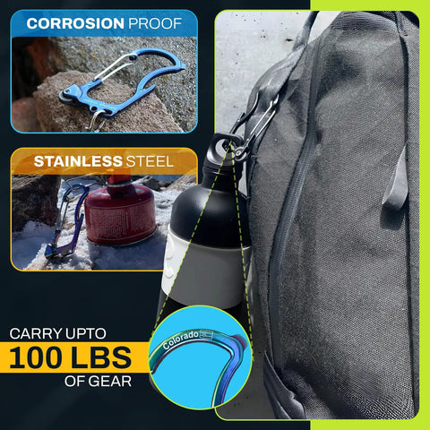 Custom Engraved Firebiner 6 In 1 Fire Starter Carabiner Multitool For EDC Keychain attached to a bag, showing corrosion resistance.