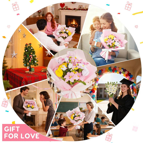 Pipe Cleaners Craft Kit With 600 Pieces In 6 Vibrant Colors creating bouquets for various occasions in collage of five images.