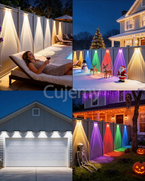 Outdoor RGB LED String Lights 50Ft, 8 Pack, Smart App Control lighting up patio and house for Christmas decor with color changes.