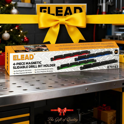 4 Piece Magnetic Slidable Drill Bit Holder With 160 Hole Storage box on workbench, yellow bow in background