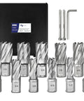 Heavy Duty Annular Cutter Set For Magnetic Drill Press, 11-Piece, M2 HSS Bits, includes storage case, pilot pins, hex wrench.