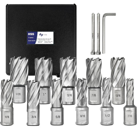Heavy Duty Annular Cutter Set For Magnetic Drill Press, 11-Piece, M2 HSS Bits, includes storage case, pilot pins, hex wrench.