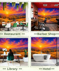 Classic Countryside Landscape Peel And Stick Wallpaper That Slaps Chill Outdoor Vibes On Your Walls In Seconds With Numbered Panels, displayed in restaurant and barber shop settings.