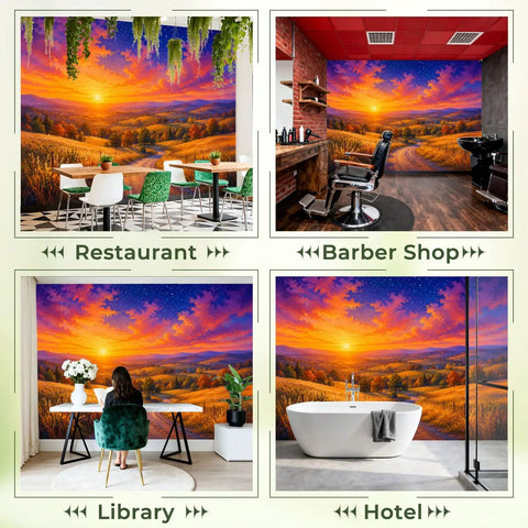 Classic Countryside Landscape Peel And Stick Wallpaper That Slaps Chill Outdoor Vibes On Your Walls In Seconds With Numbered Panels, displayed in restaurant and barber shop settings.