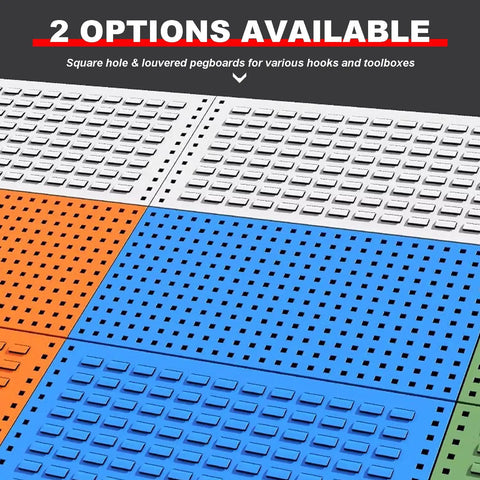 Close-up of pegboard options for Beefy 2 Tier Mobile Steel Workshop Shelving Unit With Wheels And Handle For Tools And Hardware Storage.
