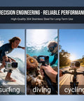 Four Pack Beefy Stainless Steel 1/4 Inch 20 Thumb Screws shown in action, used for surfing, diving, and cycling with cameras.