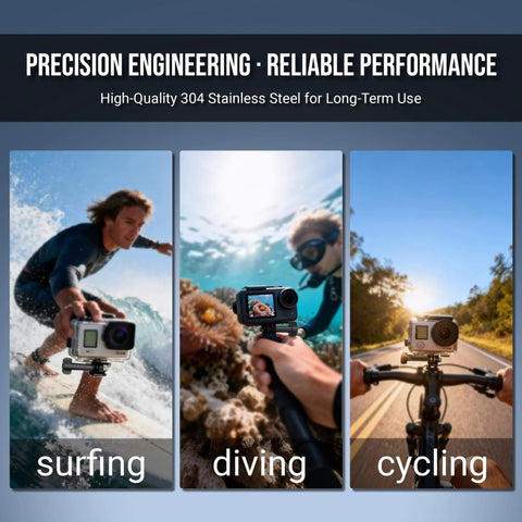 Four Pack Beefy Stainless Steel 1/4 Inch 20 Thumb Screws shown in action, used for surfing, diving, and cycling with cameras.