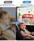 Baby in car seat with sun glare and two pack baby car sun shades for side windows 26.8 by 19.7 inches with dinosaur cartoon design