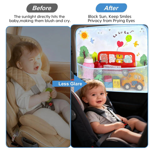 Baby in car seat with sun glare and two pack baby car sun shades for side windows 26.8 by 19.7 inches with dinosaur cartoon design
