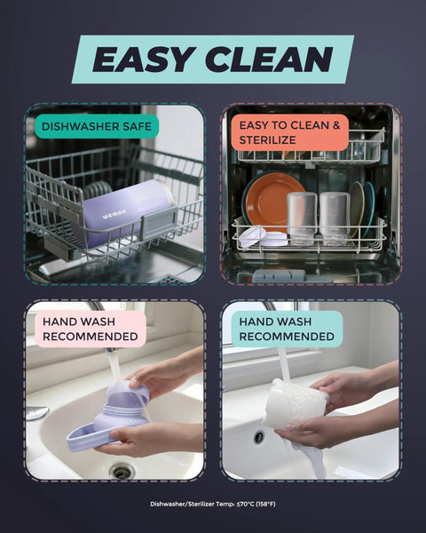 Easy clean instructions for breast milk travel chiller; shows dishwasher safe and hand wash options.