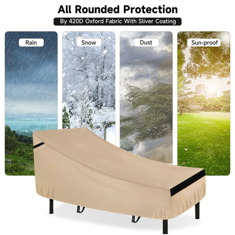 Heavy Duty Waterproof Patio Lounge Chair Cover For Outdoor Chaise With 420D Oxford Fabric in various weather conditions.