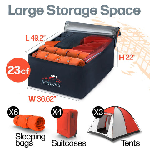 Extra Waterproof Rooftop Cargo Carrier Bag 23 Cu Ft showcasing large storage capacity with bags, suitcases, and tents.
