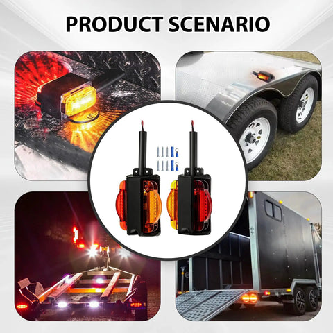Two Pack Prewired Trailer Fender Lights Amber Front And Red Rear LEDs shown installed on various vehicles