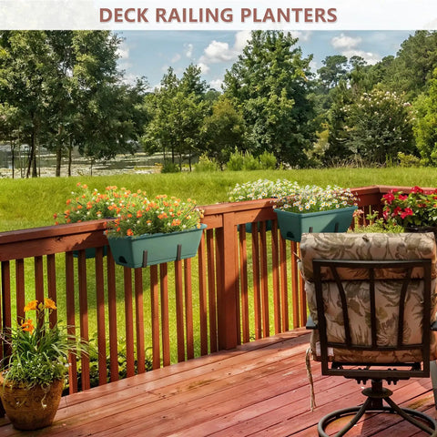 Pretty Cool Set Of Two Deck Railing Planters With No Sweat Hanging System Perfect For Balcony Window Boxes Great Way To Grow Herbs Fresh Greens Or Lovely Flowers In Cramped Spaces Straight Up Effortless on a wooden deck with vibrant flowers.