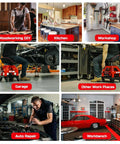 Image collage showing uses of the Beefy Heavy Duty Rolling Shop Stool For Garage With Casters Adjustable Height 360 Degree Swivel Seat Tool Tray Storage 330 Lbs Capacity Padded Mechanic Stool Magnetic Tool Hold Red in various workspaces.
