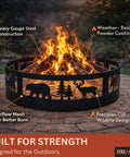 36 Inch Heavy Duty Wood Burning Fire Pit Ring With Decorative Wildlife Design, shown with fire, for backyard patio campfire.