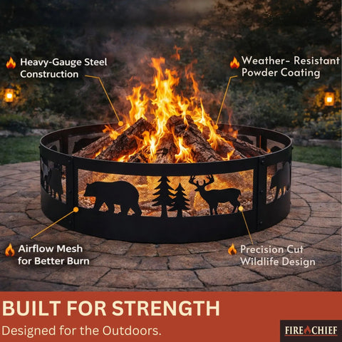 36 Inch Heavy Duty Wood Burning Fire Pit Ring With Decorative Wildlife Design, shown with fire, for backyard patio campfire.