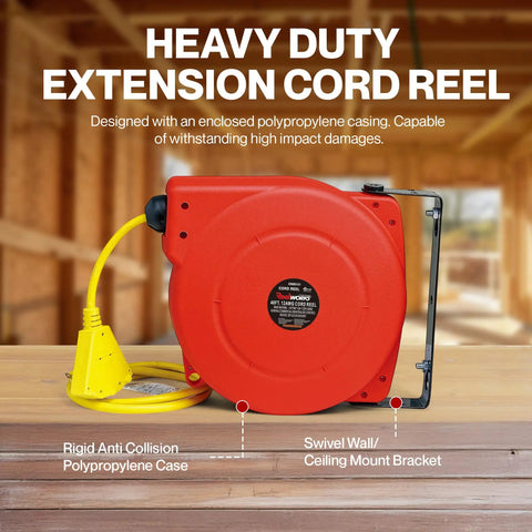 Retractable Extension Cord Reel With 40 Ft 12 AWG SJT Cable in red polypropylene case with wall mount bracket