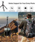 Beast 71 Inch Foldable Aluminum Camera Tripod with Detachable 360 Ball Head used as a tripod and carried by a hiker