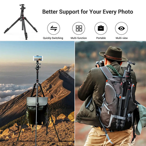 Beast 71 Inch Foldable Aluminum Camera Tripod with Detachable 360 Ball Head used as a tripod and carried by a hiker