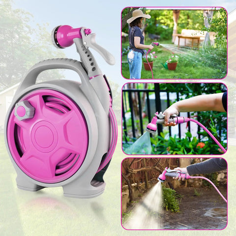 Portable Hose Reel For Outdoor Use, 50Ft Garden Hose Reel With Six Pattern Spray Nozzle, Lightweight, No Fuss Retract And Rewind, Pink