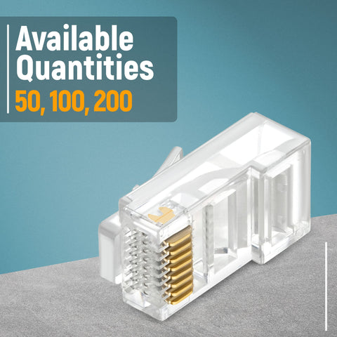 Clear RJ45 Cat6 Pass Through Connectors Pack Of 100 for Unshielded Twisted Pair Solid Wire and Standard Cables