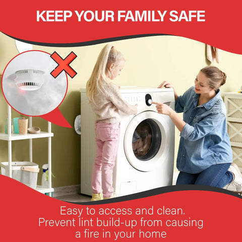 Mother and child near washing machine with dryer vent quick release system illustrated inset.