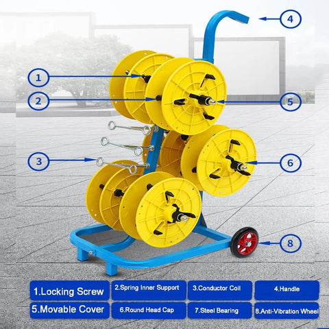 Portable Wire Spool Rack Dispenser for Heavy Duty Wire and Cable Storage with yellow spools, blue frame, and adjustable components