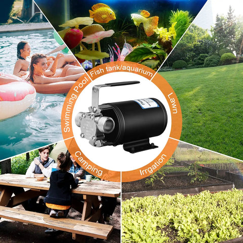 12V Water Transfer Pump One Tenth HP 330 GPH With Three Quarter Inch Ports Includes Suction Hose Strainer And Spare Impeller Electric Utility Pump For Vehicle Or Battery Power With Alligator Clip And Cigarette Lighter Plug shown in various outdoor settings like pool, garden, and camping.