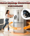 Woman using Heavy Duty Self Adhesive Furniture Casters 8 Pack Stick On Swivel Wheels with ease on a refrigerator.