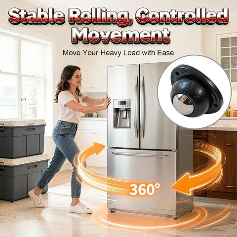Woman using Heavy Duty Self Adhesive Furniture Casters 8 Pack Stick On Swivel Wheels with ease on a refrigerator.