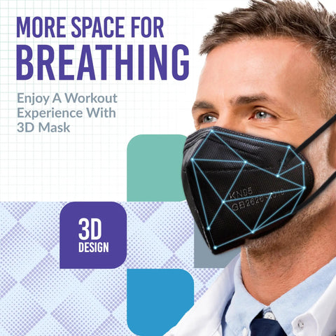 Man wearing KN95 Disposable Face Masks 5 Ply Protection With Extra Wide Elastic Ear Loops Over 95 Percent Filtration Individually Wrapped Mask Extender Included 50 Count Black All Day Comfort For Home Or Work