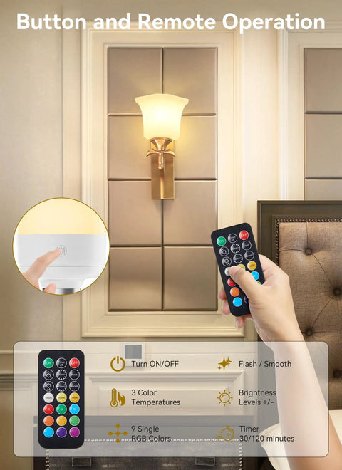 Go-To Rechargeable E26 LED Light Bulbs With Remote And Timer, Battery Backup, in use for a wall sconce with remote control operation.